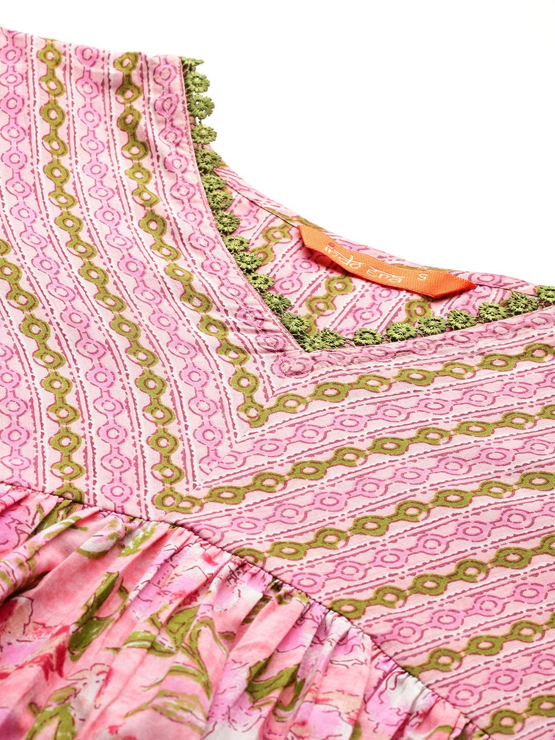 Indyancart IE Floral Printed Empire Pure Cotton Kurta with Trousers & Dupatta