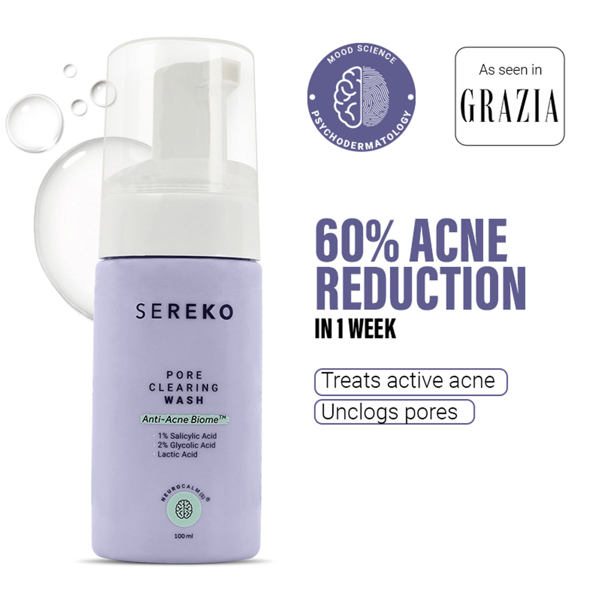 Sereko Pore-Clearing Face Wash with 1% Salicylic Acid, 2% Glycolic Acid for Active Acne,Oil Control