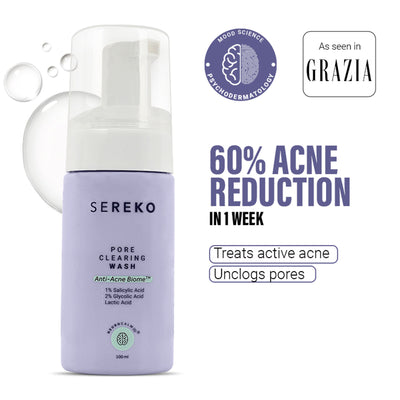Sereko Pore-Clearing Face Wash with 1% Salicylic Acid, 2% Glycolic Acid for Active Acne,Oil Control