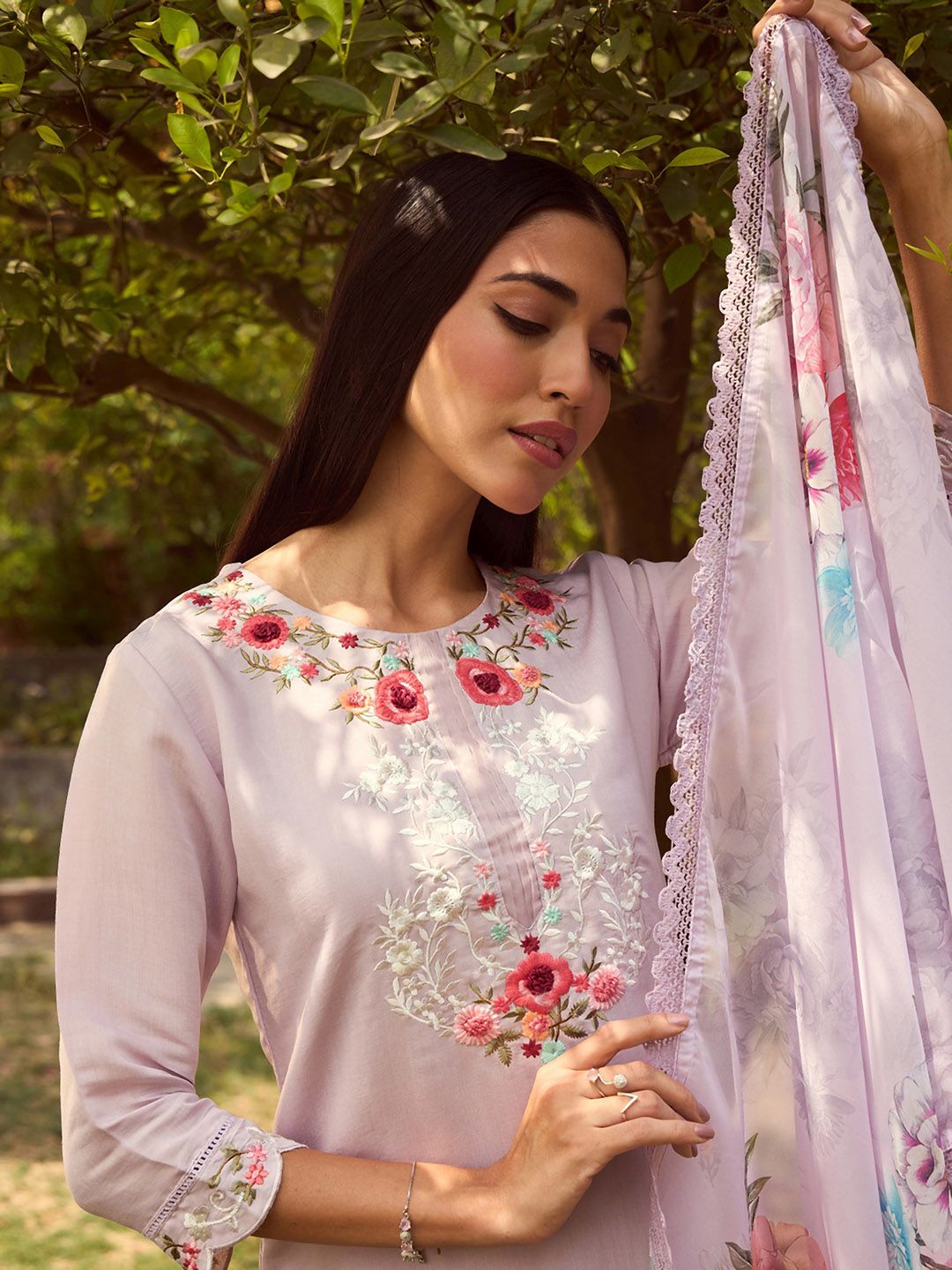 Floral Embroidered Straight Kurta With Trousers & Dupatta