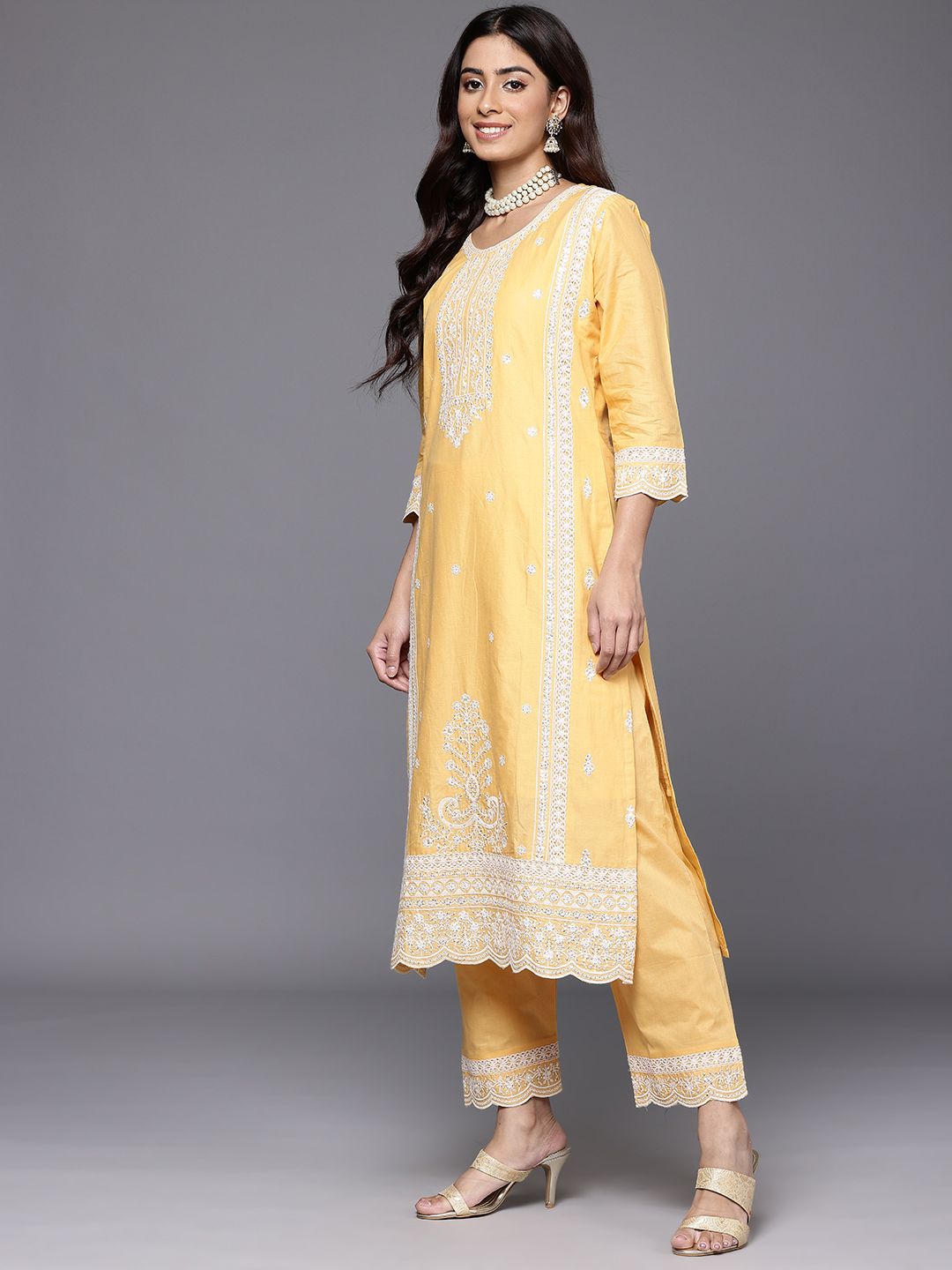 Indyancart VA Women's Embroidered Sequinned Pure Cotton Kurta with Trousers & Dupatta