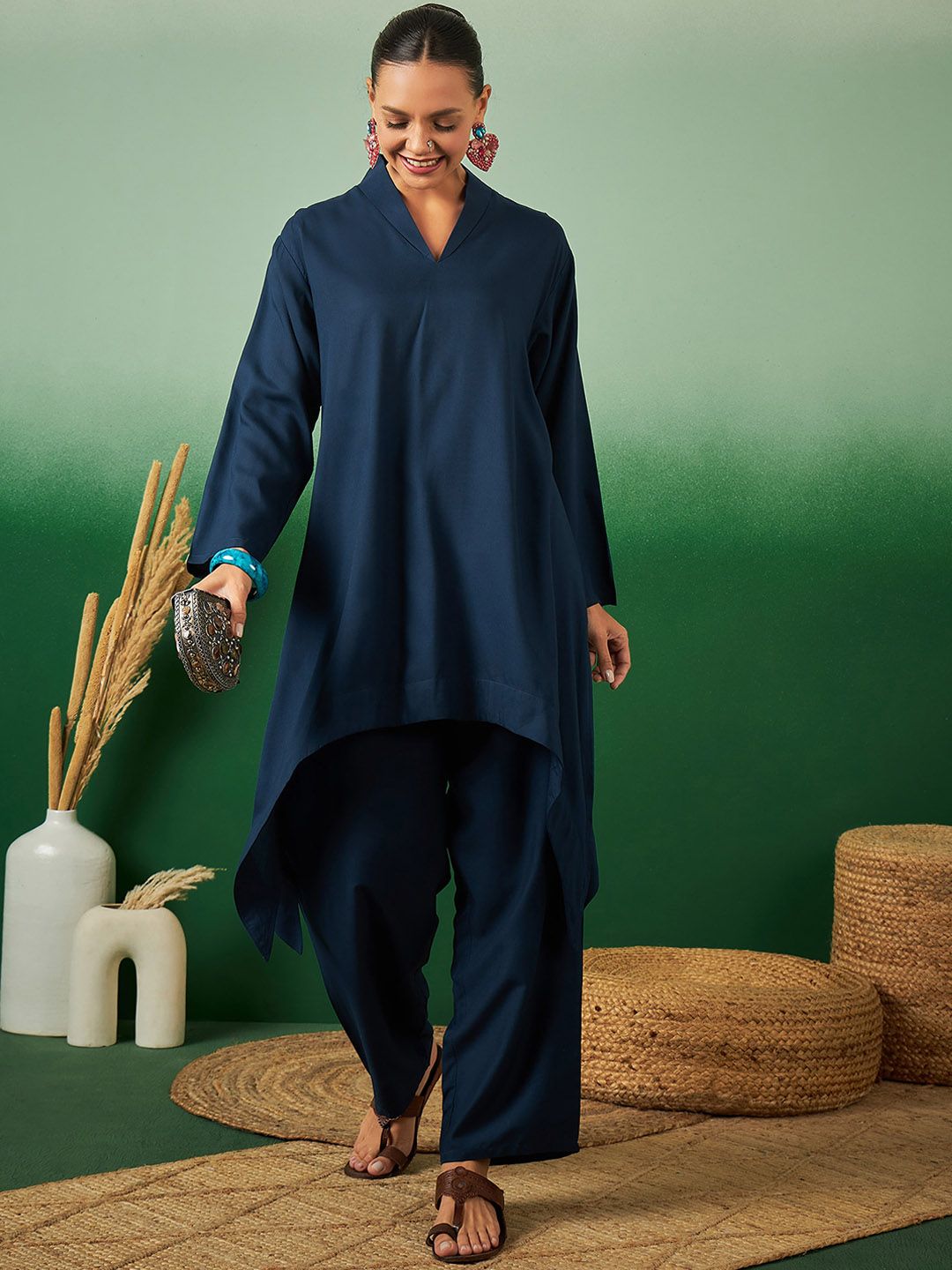 Indyancart SN Women's A Line Asymmetric Kurta With Trouser