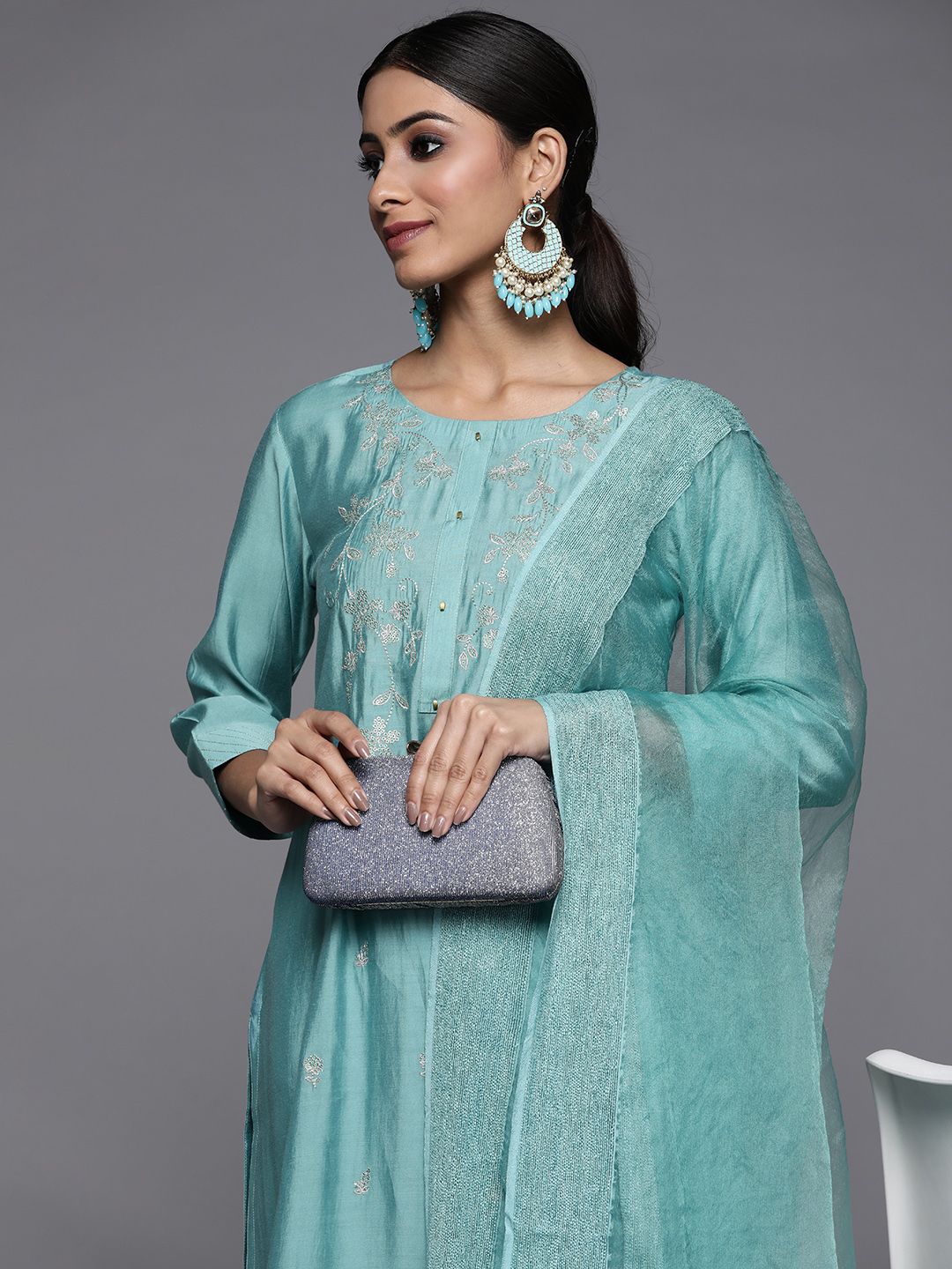 Indyancart VA Women's Blue Ethnic Motifs Embroidered Sequinned Kurta with Trousers & With Dupatta