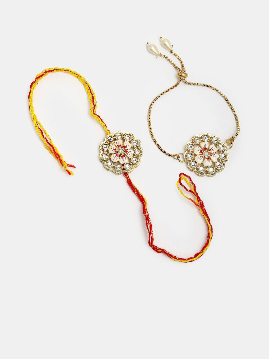 Anouk Unisex Set Of 2 Gold Kundan-Studded Bhaiya Bhabhi Rakhi Set With Roli Chawal