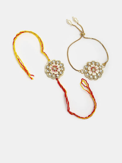 Anouk Unisex Set Of 2 Gold Kundan-Studded Bhaiya Bhabhi Rakhi Set With Roli Chawal