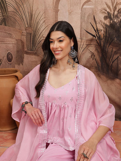 Indyancart SN Women's Foil Print Top with Palazzos & Shrug