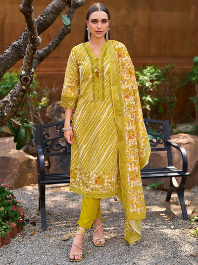 Indyancart IE Mustard Leheriya Printed Thread Work Pure Cotton Kurta with Trousers & Dupatta