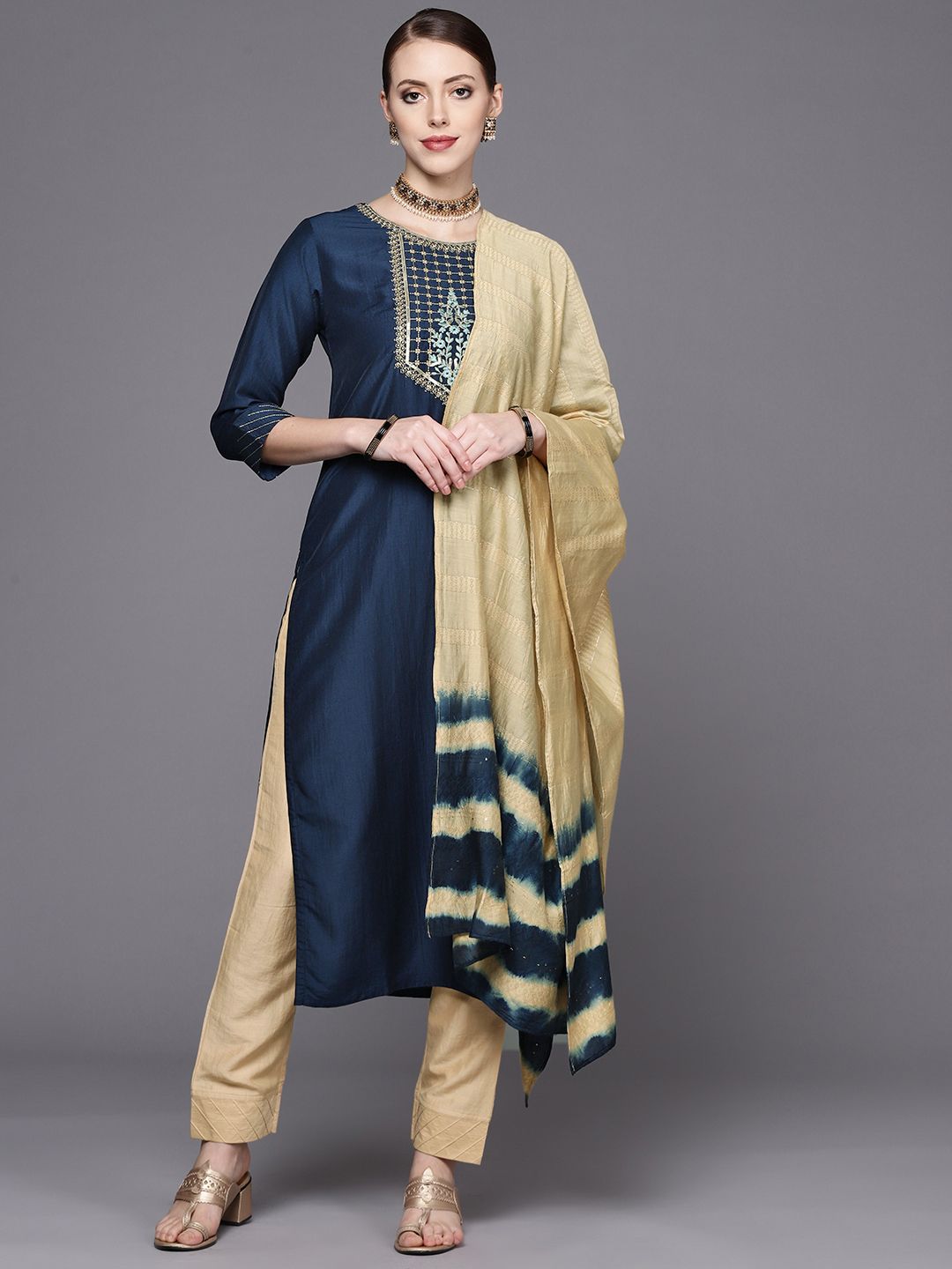 Indyancart VA Women's Navy Blue Yoke Design Kurta with Trousers & With Dupatta