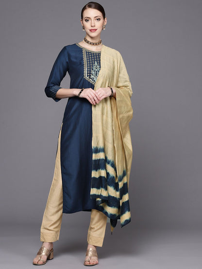 Indyancart VA Women's Navy Blue Yoke Design Kurta with Trousers & With Dupatta