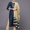 Indyancart VA Women's Navy Blue Yoke Design Kurta with Trousers & With Dupatta