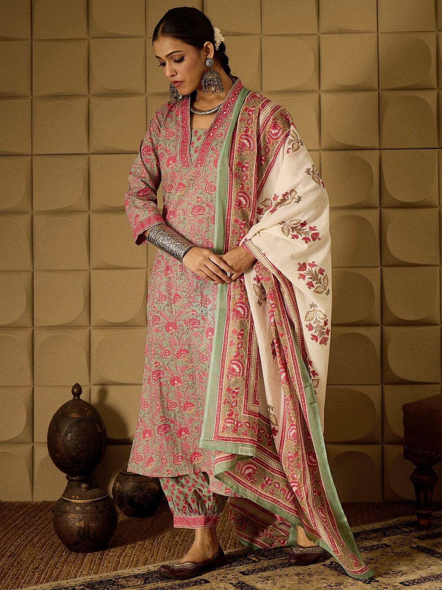 Indyancart IE Floral Printed Pure Cotton Kurta Straight Kurta With Salwar And Dupatta