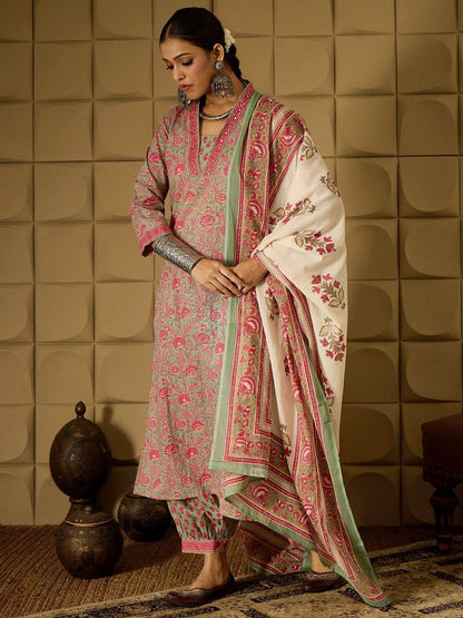 Indyancart IE Floral Printed Pure Cotton Kurta Straight Kurta With Salwar And Dupatta