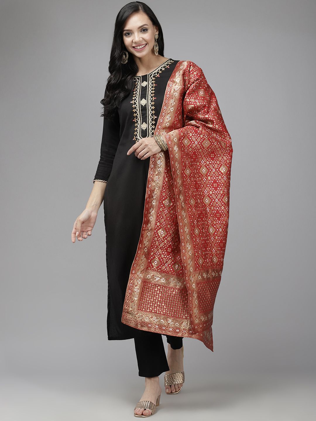 Women Black Yoke Design Regular Sequinned Kurta with Trousers & Dupatta