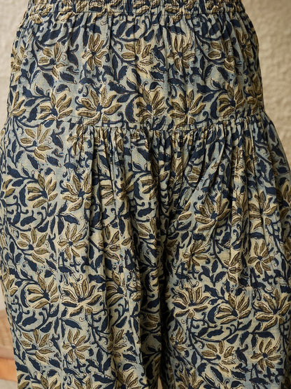 Indyancart IE Floral Printed V Neck Pure Cotton Kurta With Salwar & Dupatta