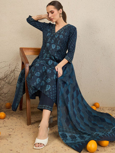 Indyancart IE Floral Printed Pure Cotton Kurta With Trousers & Dupatta