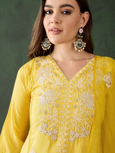 Indyancart SN Women's Yellow Floral Embroidered Sequined Straight Kurta With Trousers & Dupatta