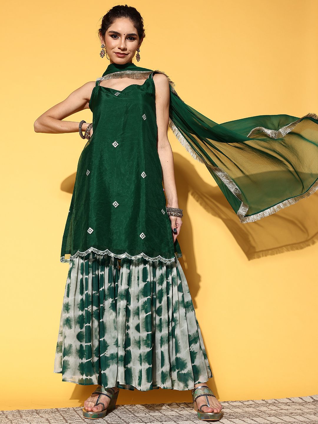 Indyancart VA Women Green Embroidered Sequinned Kurta with Sharara & Dupatta