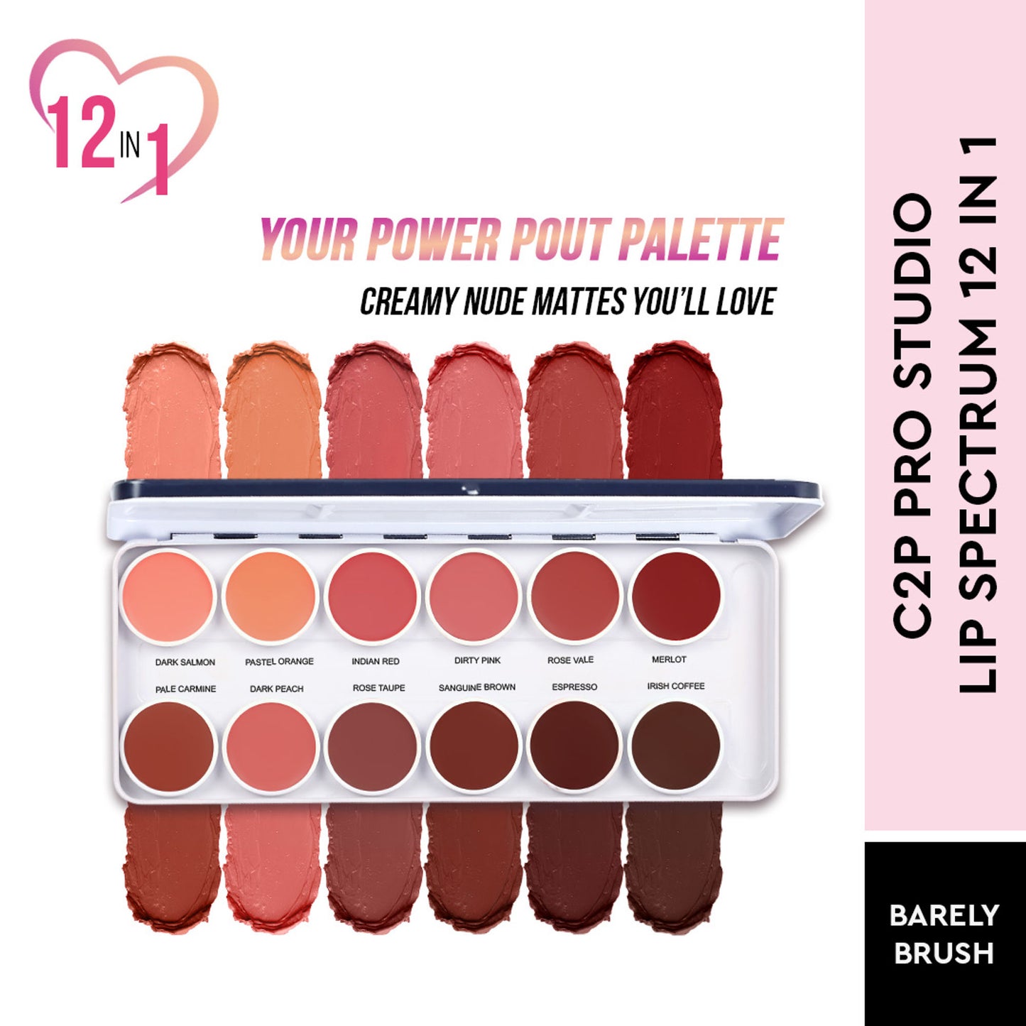 C2P Pro Studio Lip Spectrum 12 Color Cream Lipstick Palette - Brush