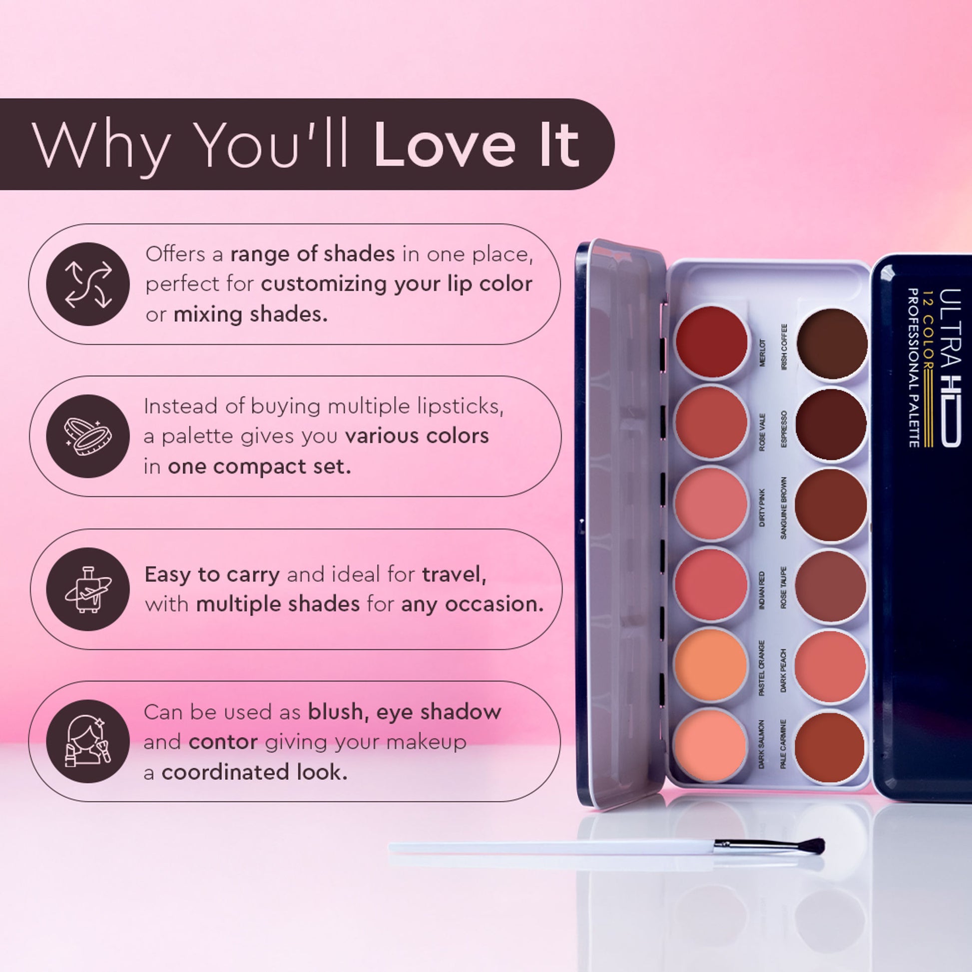 C2P Pro Studio Lip Spectrum 12 Color Cream Lipstick Palette - Brush
