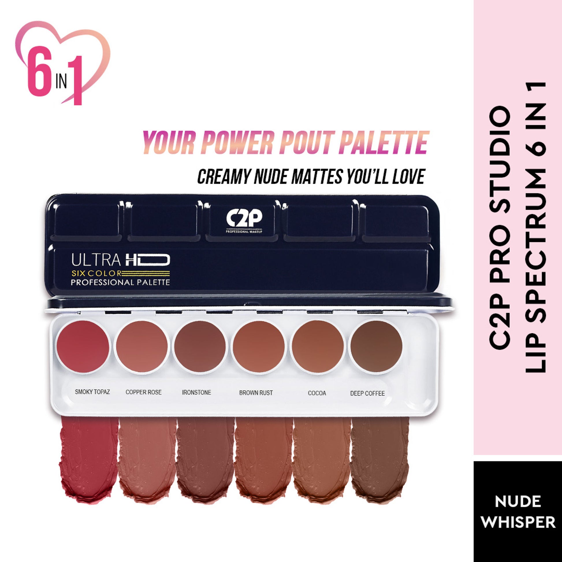 C2P Pro Studio Lip Spectrum 6 Color Cream Lipstick Palette - Neud Whisper