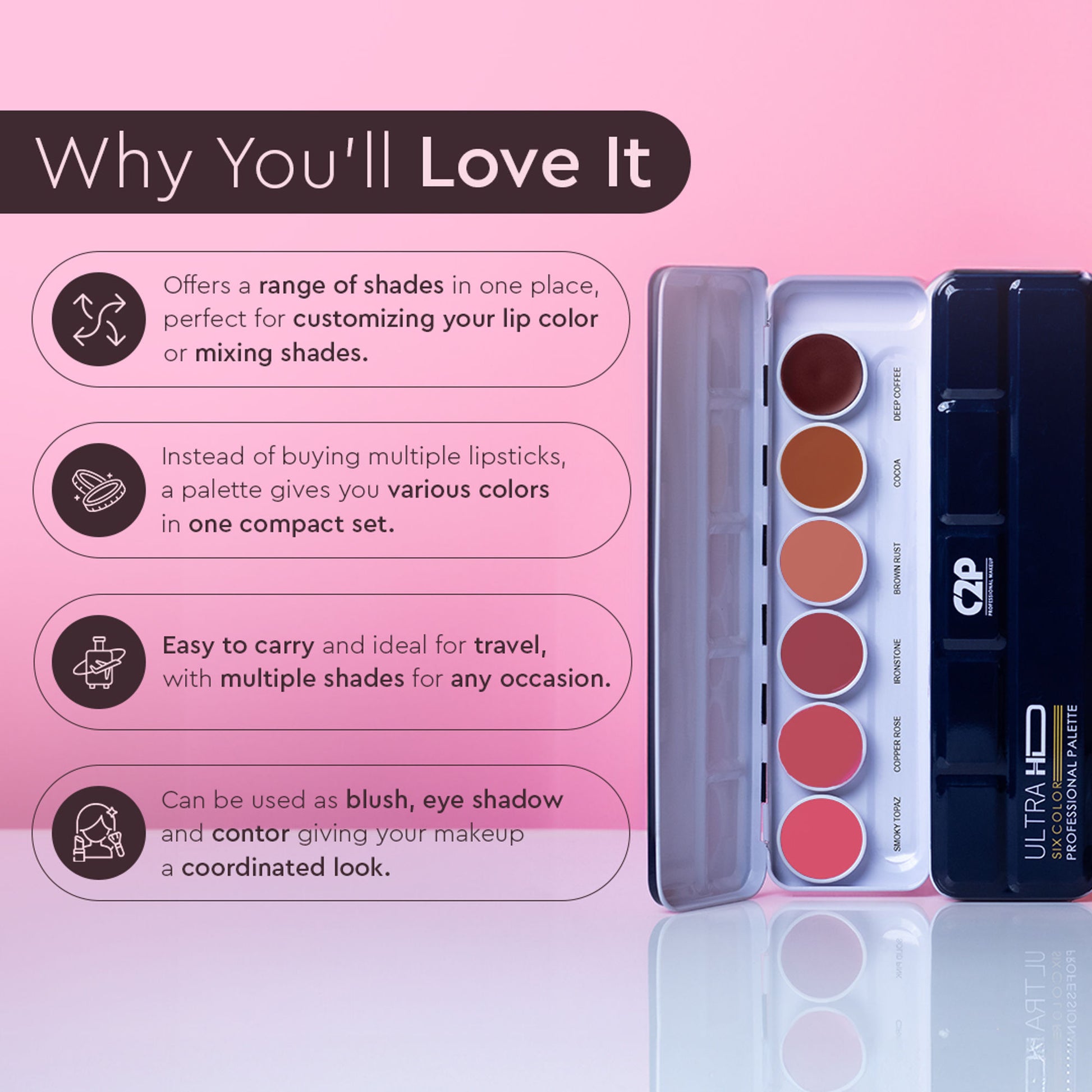 C2P Pro Studio Lip Spectrum 6 Color Cream Lipstick Palette - Neud Whisper