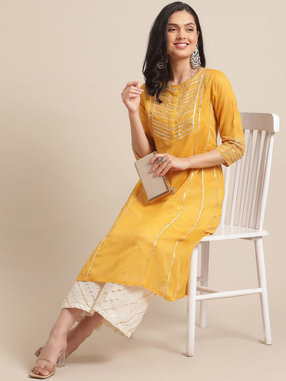 Indyancart VA Women's Mustard Yellow Panelled Gotta Patti Pure Cotton Kurta with Trousers