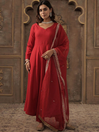 Indyancart IE Liva Sweetheart Neck Anarkali Kurta With Trousers & Dupatta