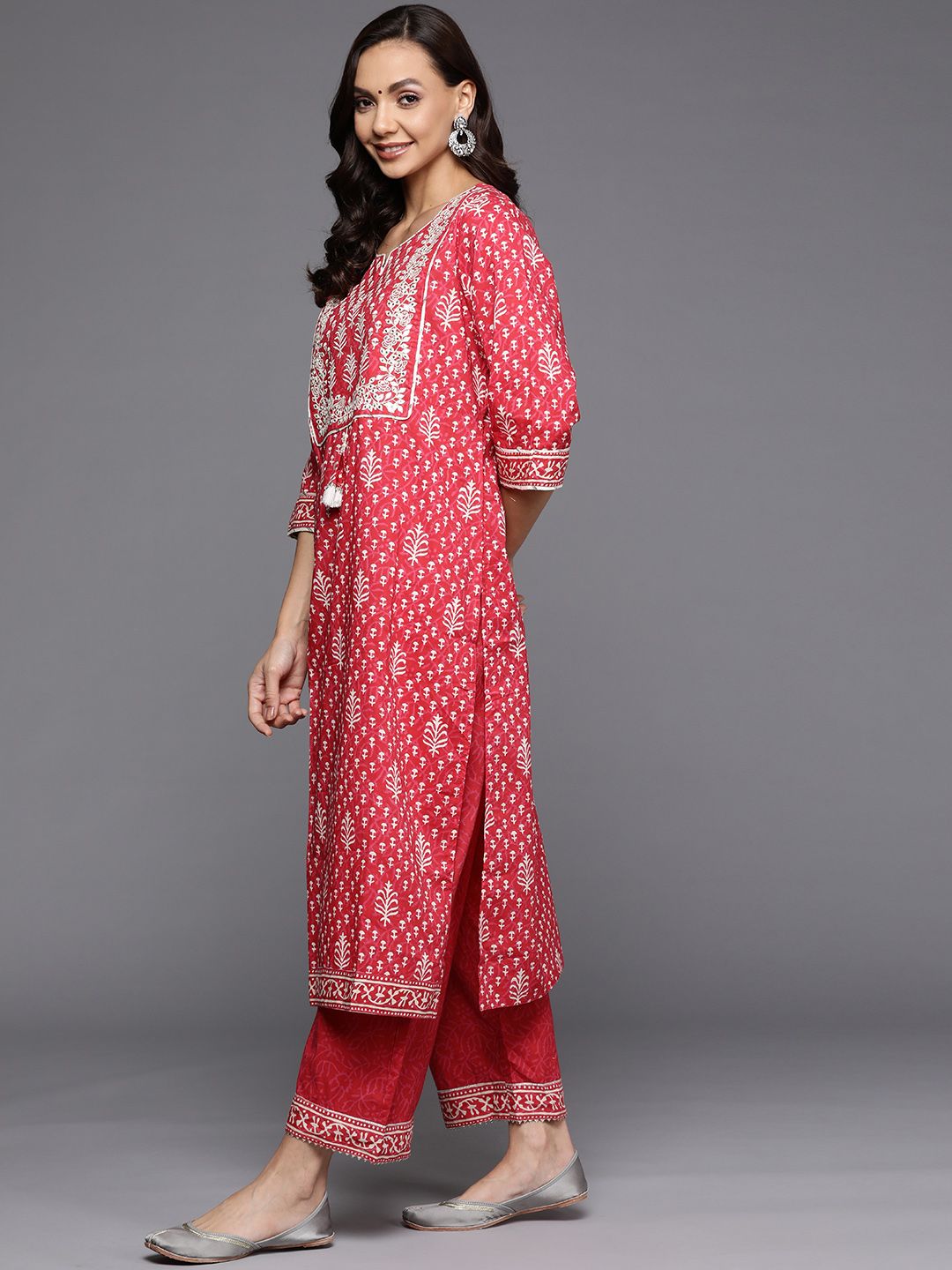 Indyancart IE Women Coral Ethnic Motifs Printed Gotta Patti Kurta with Palazzos & With Dupatta