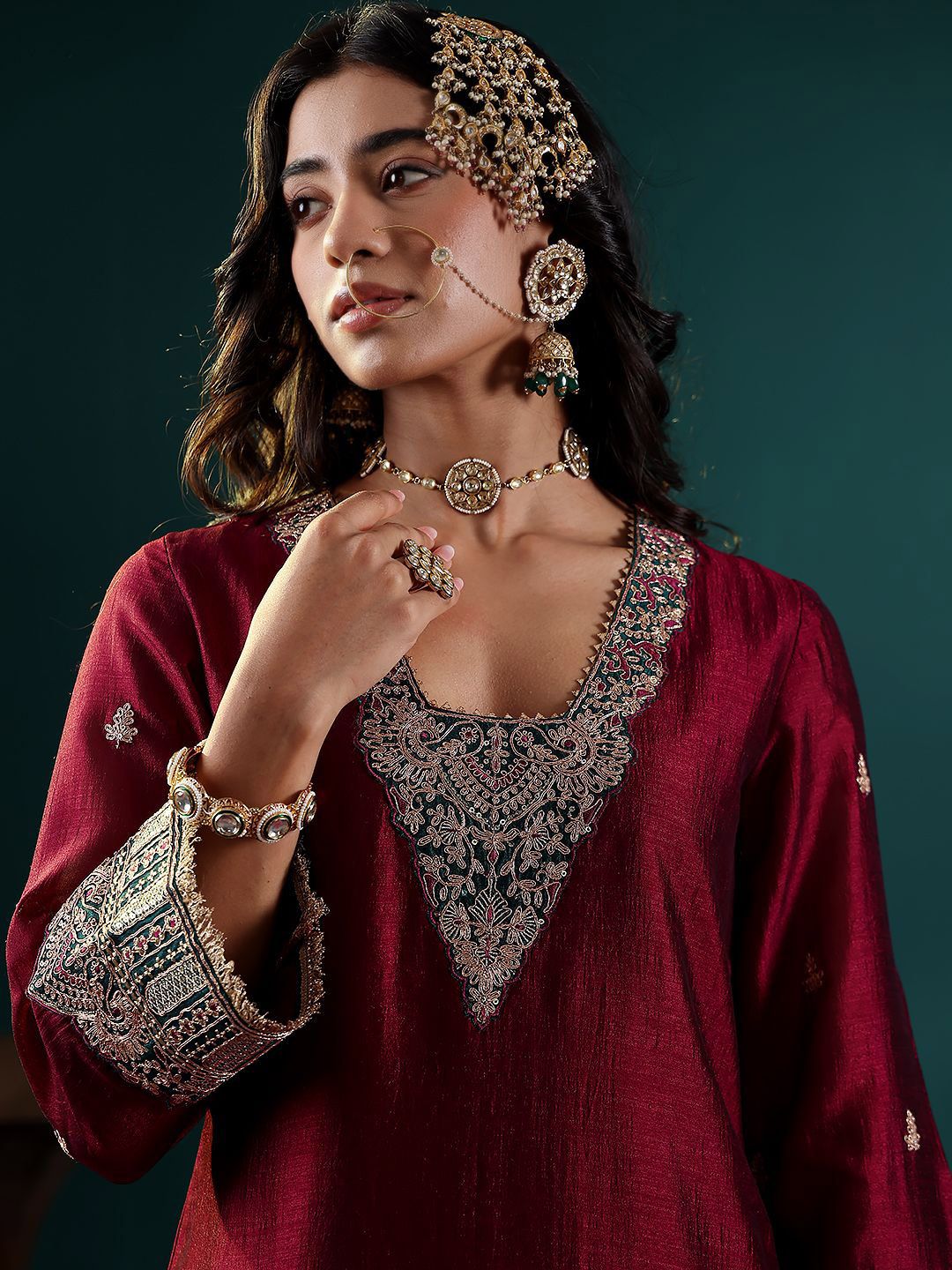 Indyancart VA Women'sMaroon Floral Embroidered Sequinned Straight Kurta with Palazzos & Dupatta