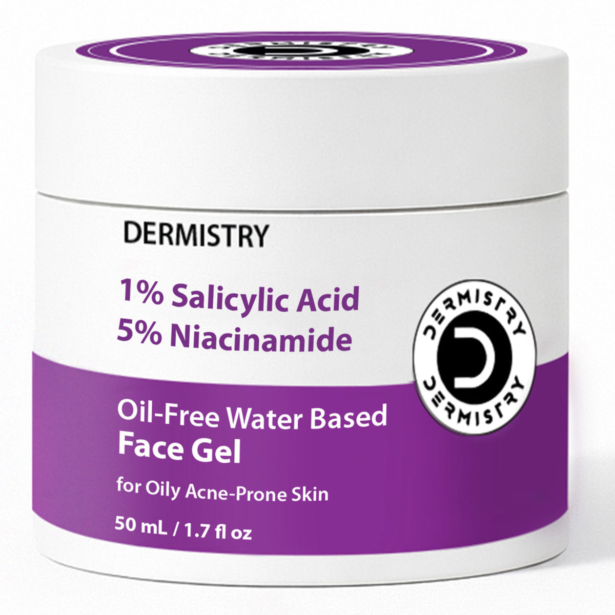 DERMISTRY 1% Salicylic Acid Moisturizer gel for oily, acne-prone skin, oil-free, water-based face gel with soothing texture.