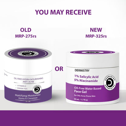 DERMISTRY 1% Salicylic Acid Moisturizer Face Gel for oily, acne-prone skin, oil-free and water-based skincare product.
