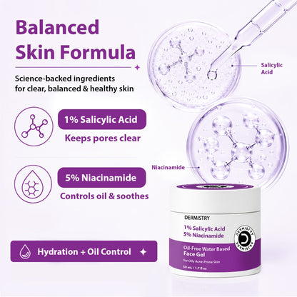 DERMISTRY 1% Salicylic Acid moisturizer gel for oily, acne-prone skin, oil-free and water-based facial skincare product.