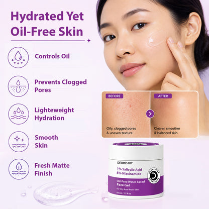 DERMISTRY 1% Salicylic Acid Moisturizer face gel for oily, acne-prone skin, oil-free and water-based for clear skin.