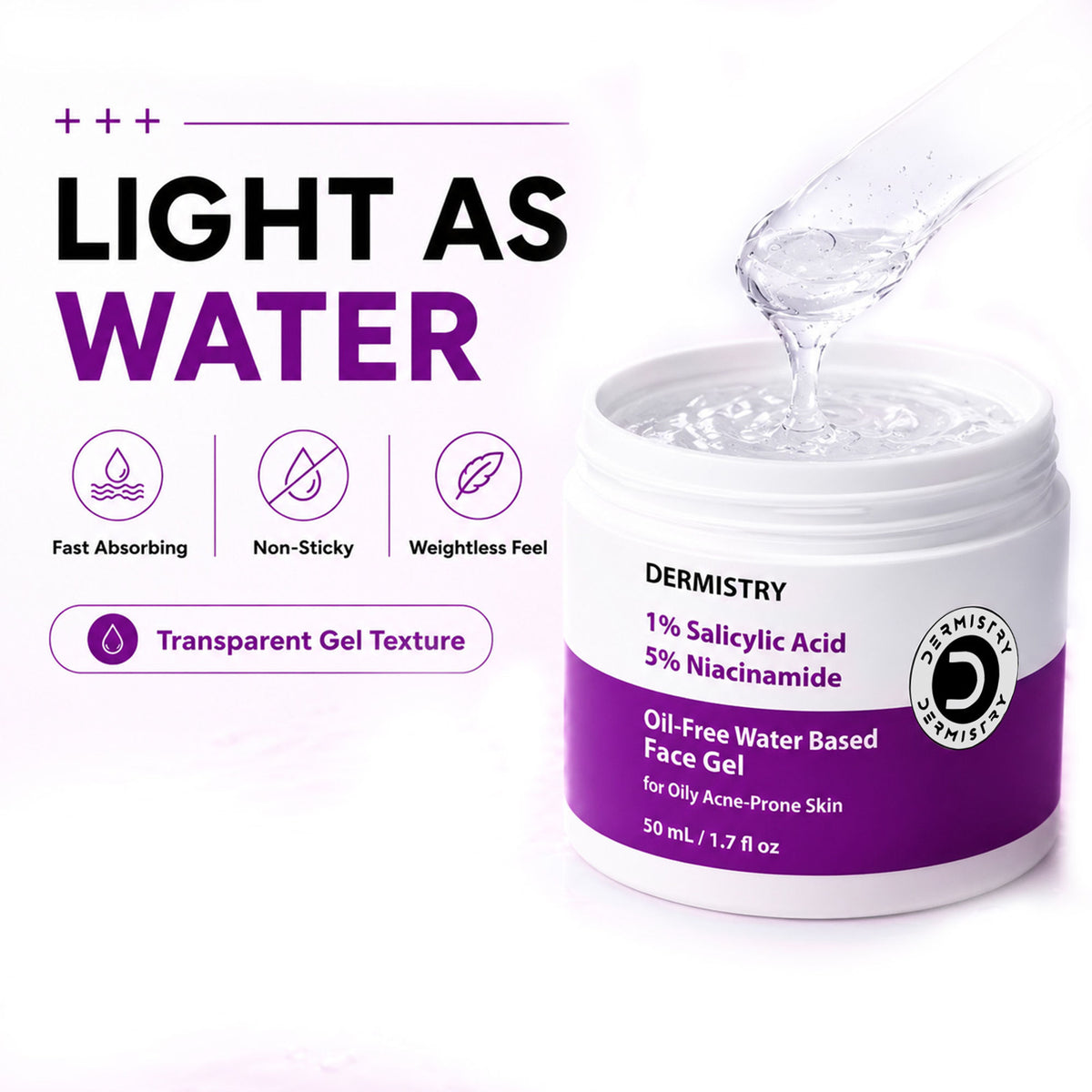 Dermistry 1% Salicylic Acid Moisturizer face gel, oil-free and water-based, designed for oily, acne-prone skin.