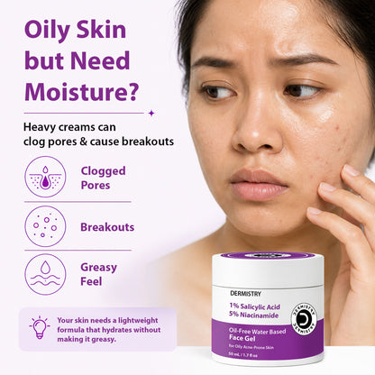 DERMISTRY 1% Salicylic Acid Moisturizer face gel for oily, acne-prone skin, oil-free and water-based skincare product.