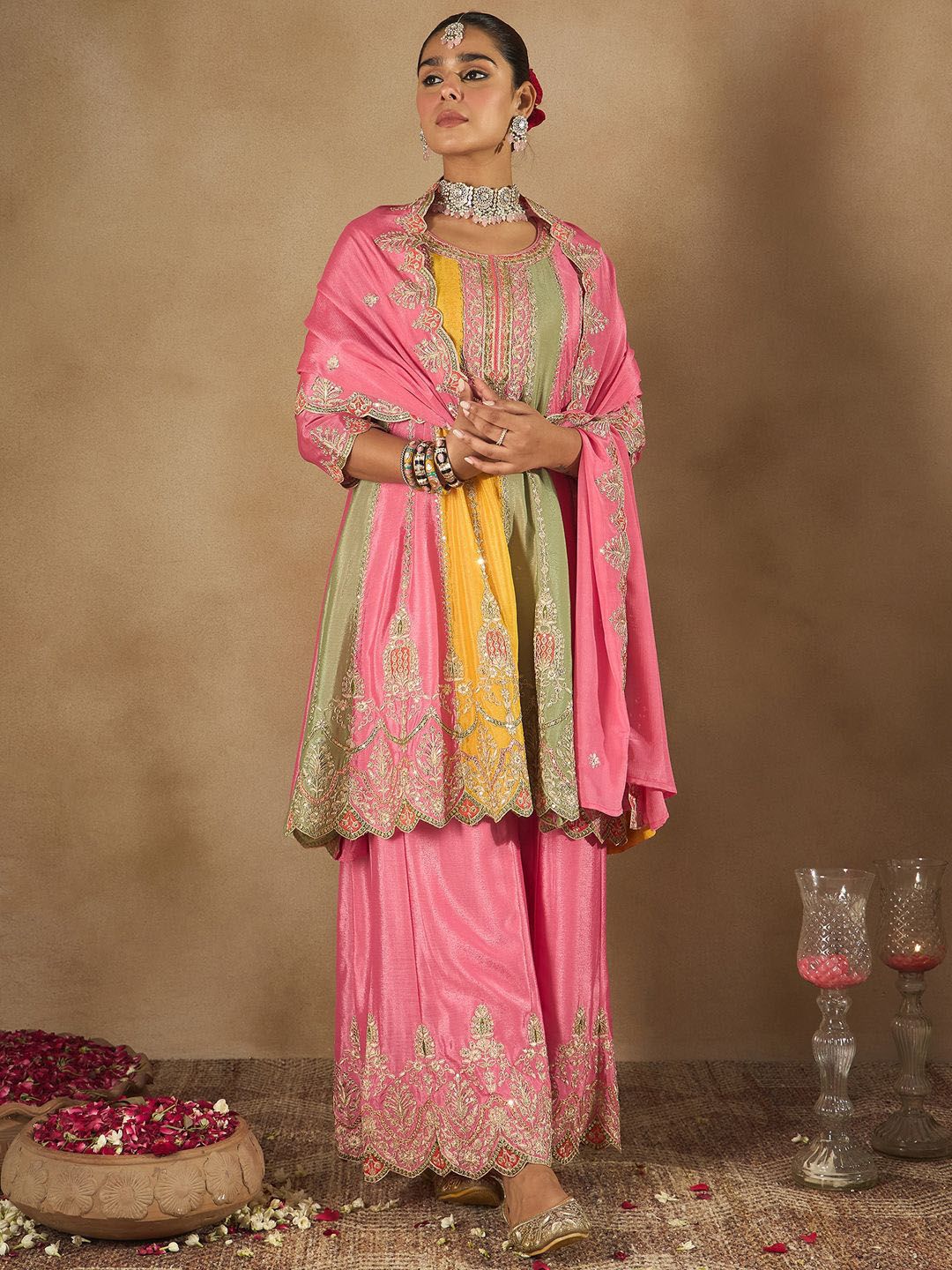 Indyancart IE Women Ethnic Motifs Embroidered Panelled Sequinned Kurta with Palazzos & Dupatta