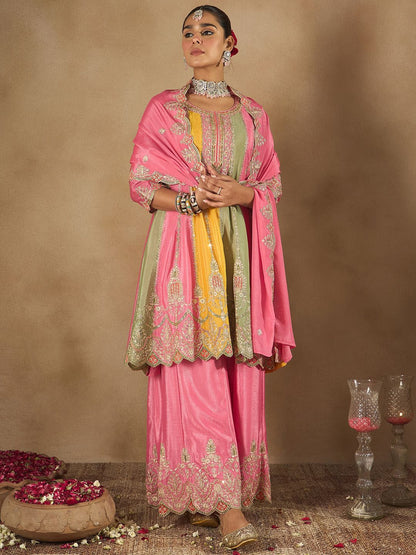 Indyancart IE Women Ethnic Motifs Embroidered Panelled Sequinned Kurta with Palazzos & Dupatta