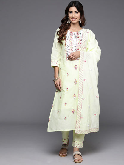 Indyancart VA Women's Floral Embroidered Regular Mirror Work Pure Cotton Kurta with Trousers & With Dupatta