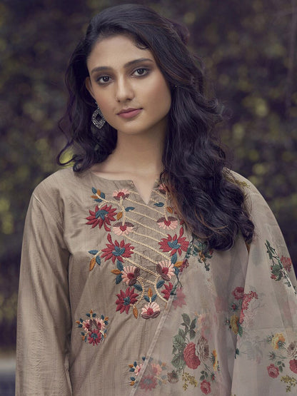 Dhiyona IE Floral Embroidered Thread Work Kurta With Trousers & Dupatta