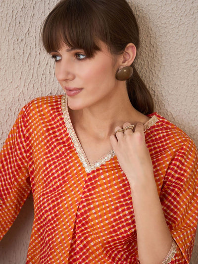 Indyancart IE Leheriya Printed Pleated V-Neck Sequins Pure Cotton A-Line Kurta