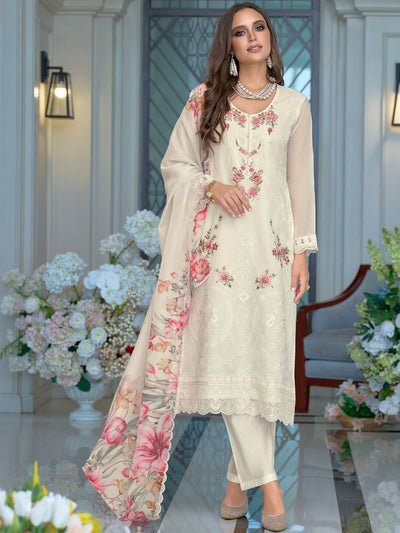 Indyancart IE Floral Embroidered Thread Work Kurta With Trousers & Dupatta