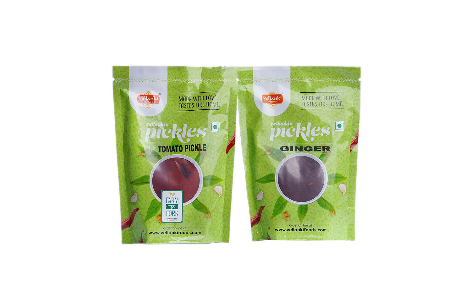 Vellanki Foods Andhra pickles combo pack with ginger and tomato pickles in 250 gm jars, traditional North Indian style.