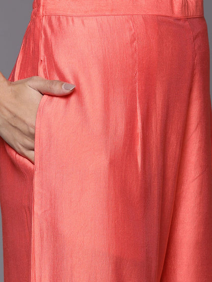 Indyancart IE Women Orange Ethnic Motifs Printed Liva Kurta with Trousers & With Dupatta