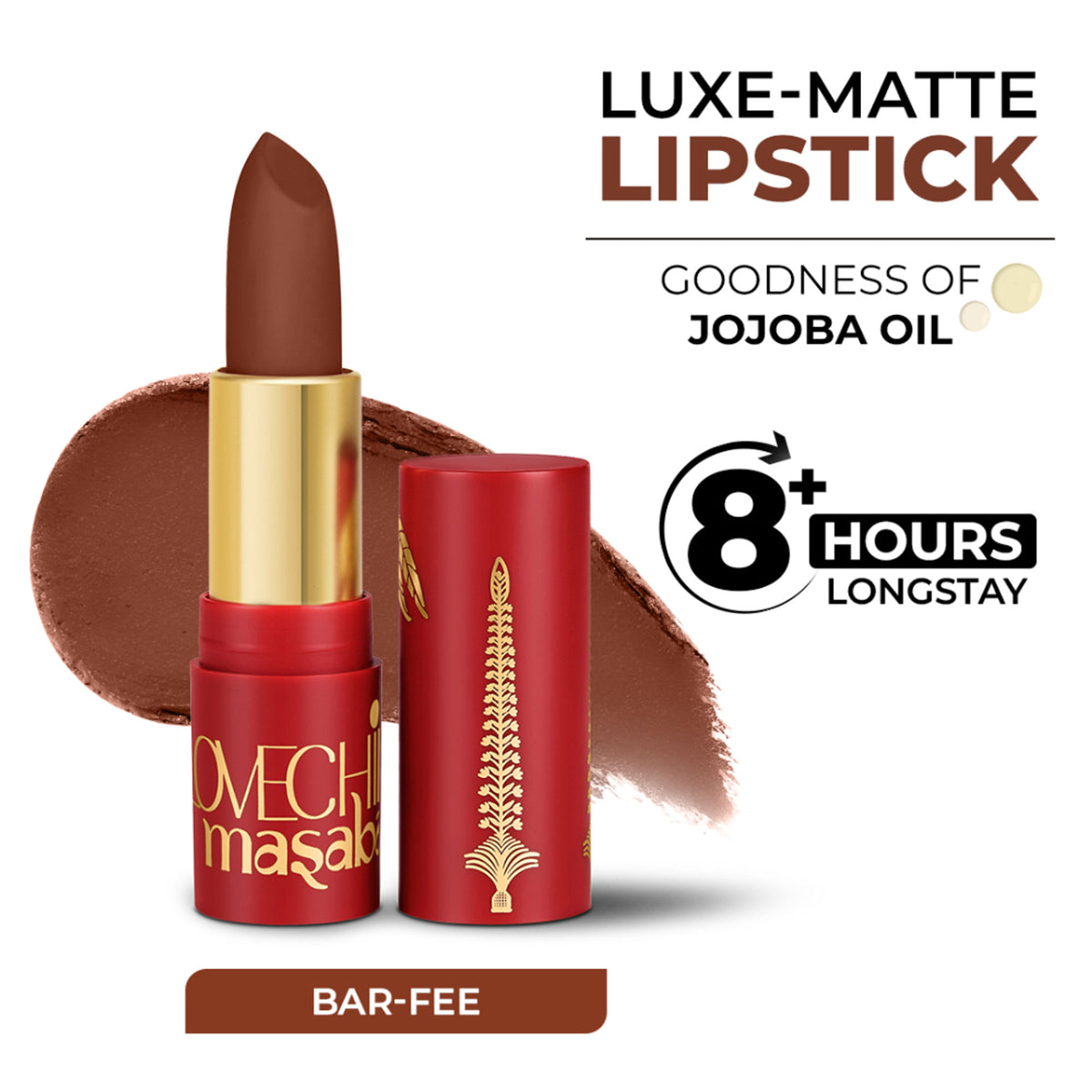 LoveChild Masaba Luxe-matte lipstick in Bar-Fee, showcasing a bold 90's drip-inspired lip color with a smooth matte finish.