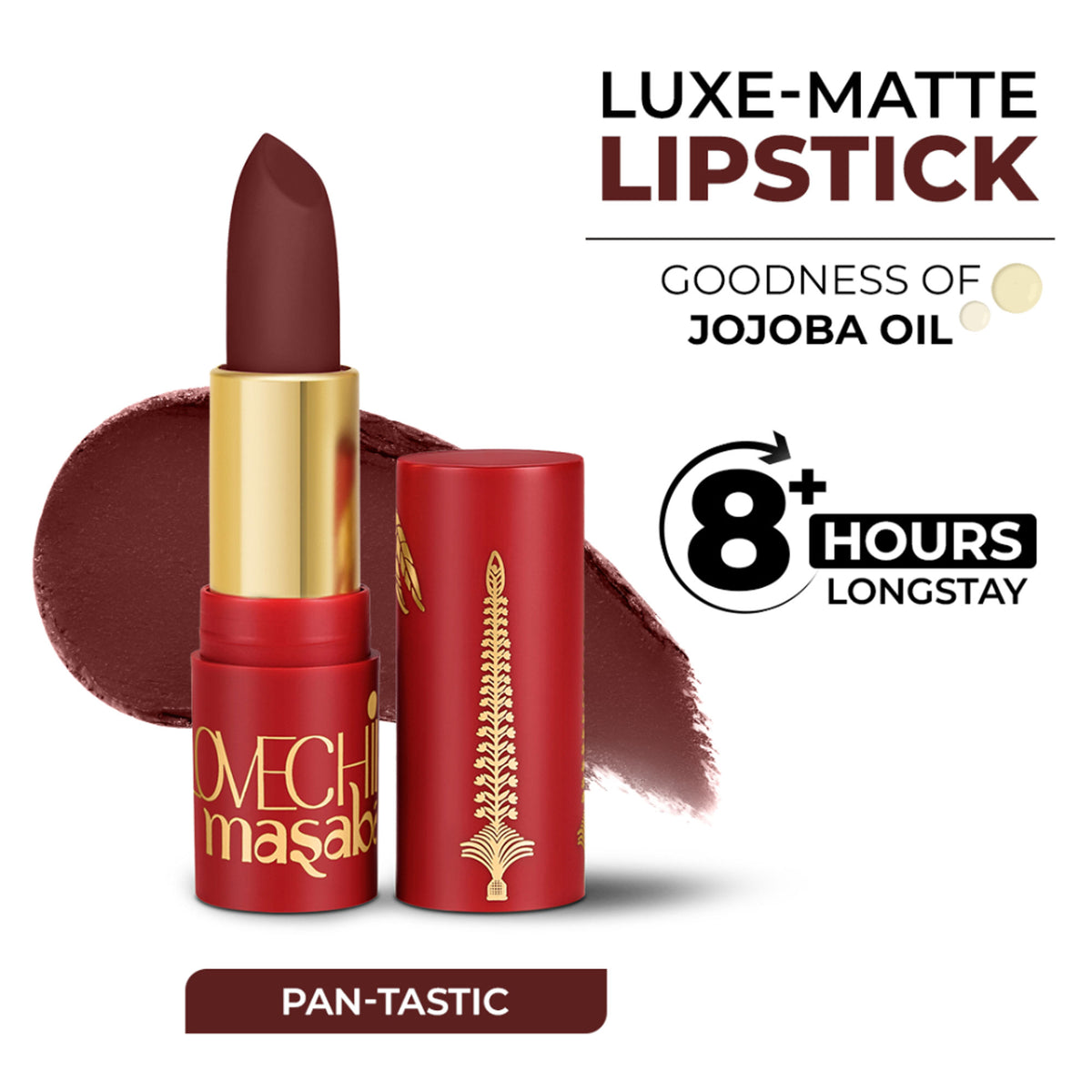 LoveChild Masaba Luxe-matte Lipstick in Pan-Tastic, showcasing a vibrant 90's-inspired lipstick shade with a smooth matte finish.