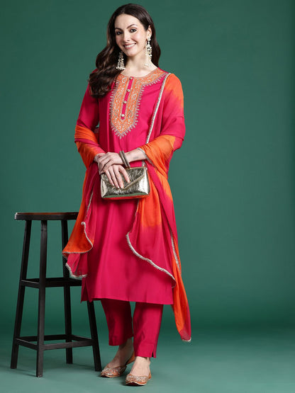 Ethnic Motifs Embroidered Zari Kurta with Trousers & With Dupatta