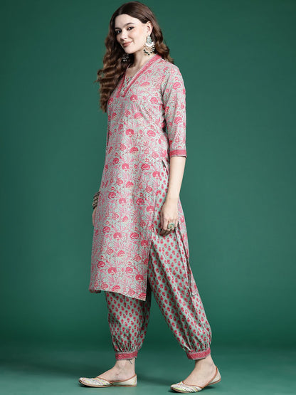 Indyancart IE Floral Printed Pure Cotton Kurta with Salwar & With Dupatta
