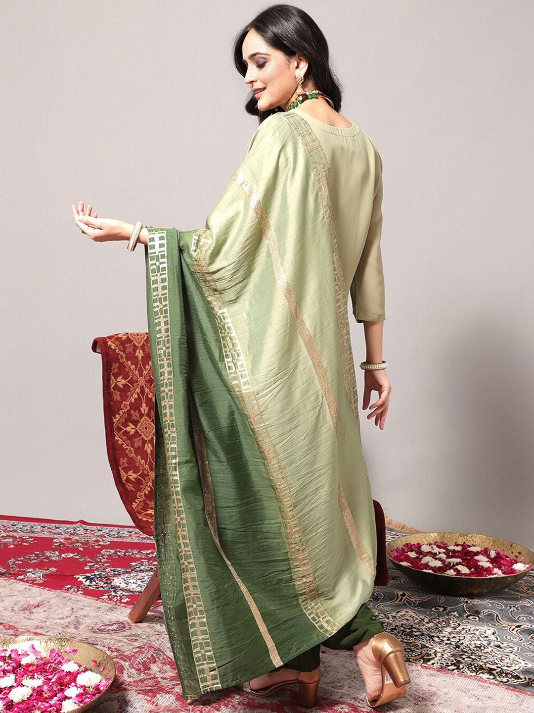 Indyancart VA Women's Geometric Embroidered Regular Sequinned Kurta With Trousers & Dupatta