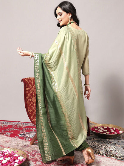 Indyancart VA Women's Geometric Embroidered Regular Sequinned Kurta With Trousers & Dupatta