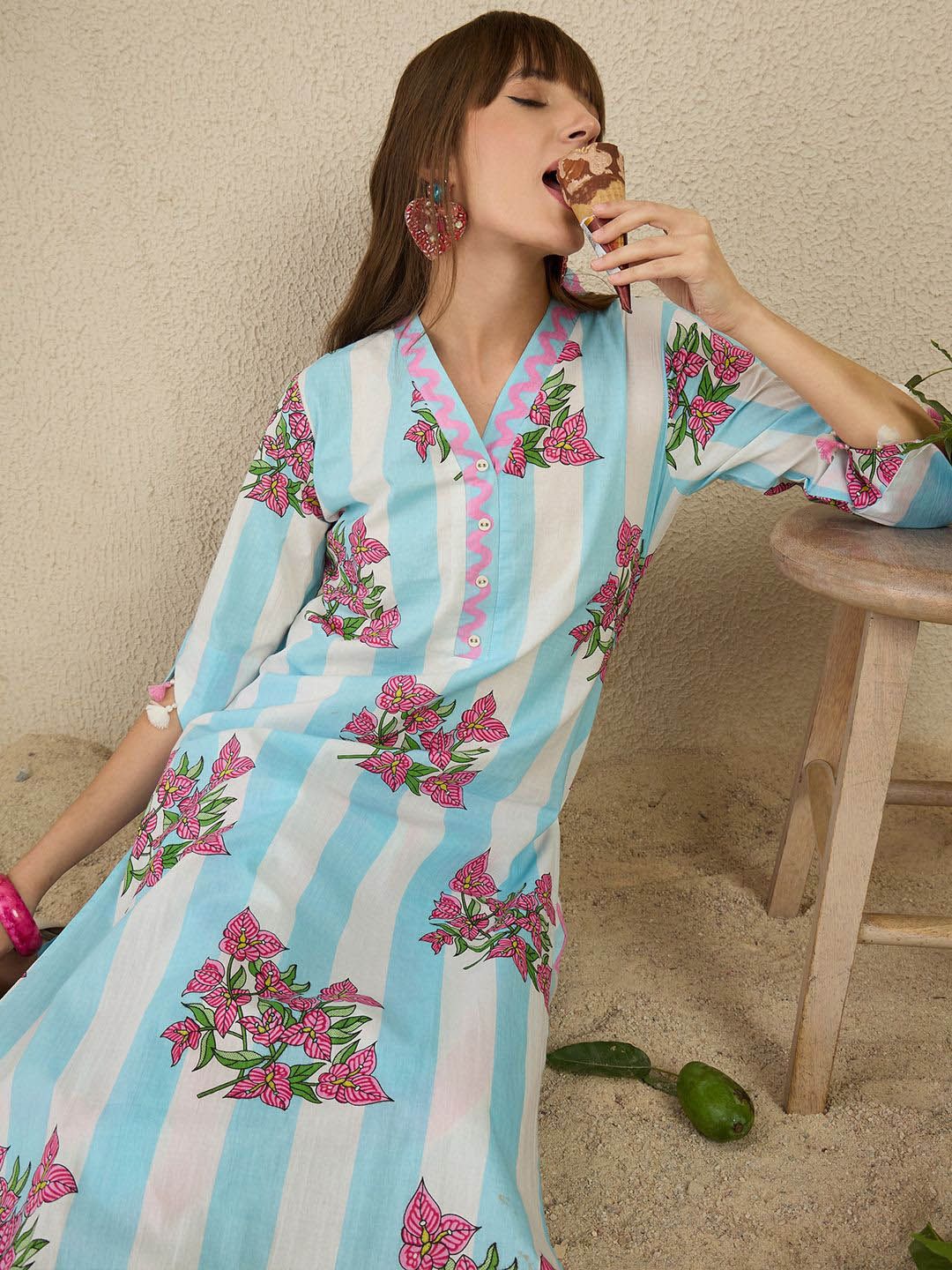 Floral Screen Printed V-Neck Pure Cotton Straight Kurta With Trousers